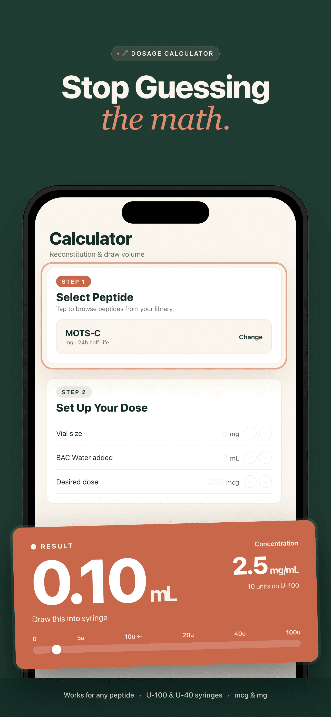 Calculator screen showing reconstitution and dose volume